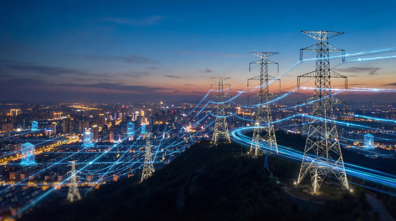 Energy infrastructure and power lines across an illuminated American city